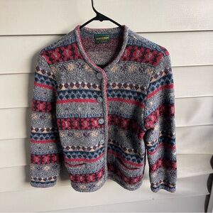 Geiger Sz 36‎ Button Up Knit Jacket Cardigan Blue Grey Wool Blend Pockets Logo